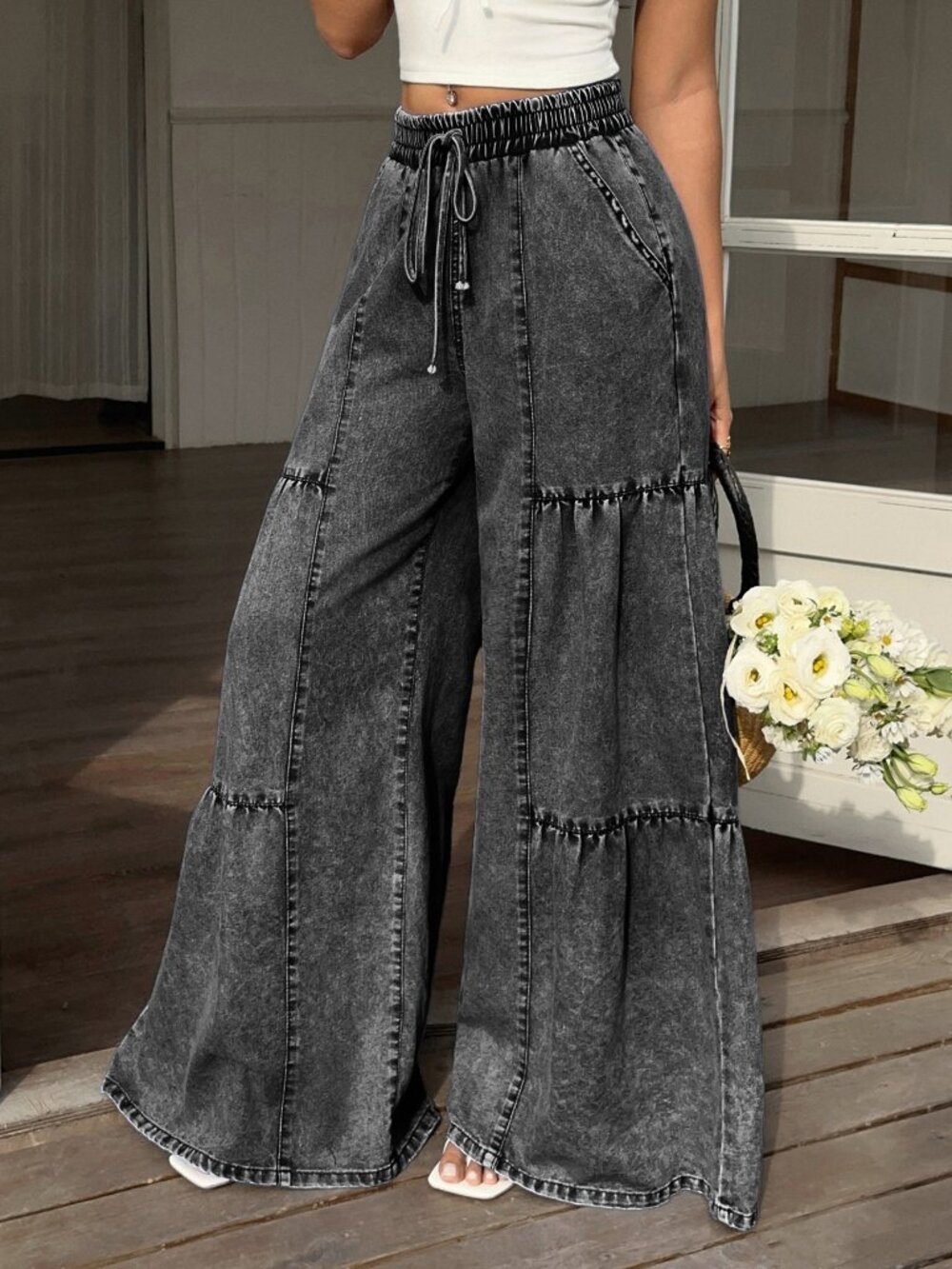 Dark Grey Casual Women's Drawstring Waist Denim Jeans